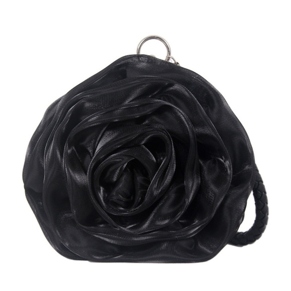 Black Satine Rose Flower Clutch Handbag with Removeable Strap - Picture 1 of 5